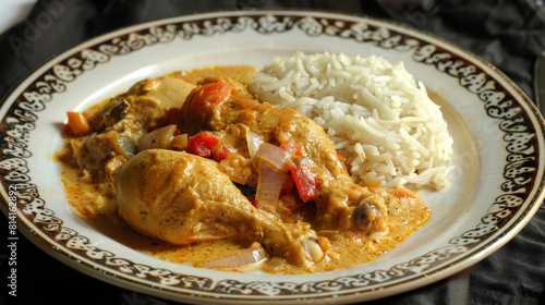 Authentic angolan chicken stew with white rice, a homely presentation capturing the essence of angolan cuisine photo