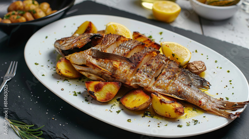 Traditional african cuisine: grilled angolan pargo fish with roasted potatoes and lemon, served on a white plate photo