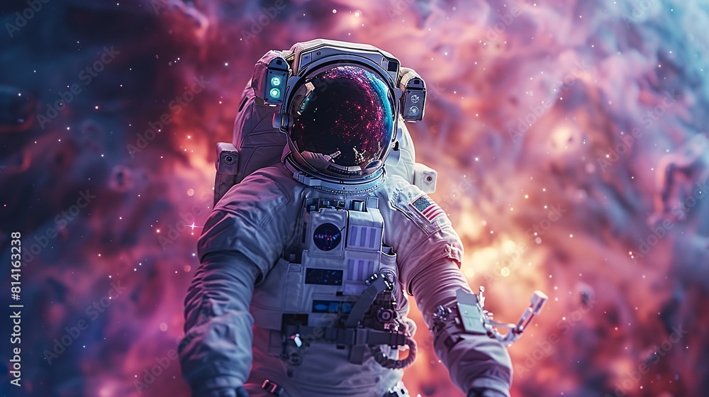 An astronaut in a white spacesuit floating in space with a vibrant, colorful nebula background An astronaut in a white spacesuit floating in space with a vibrant, colorful nebula background