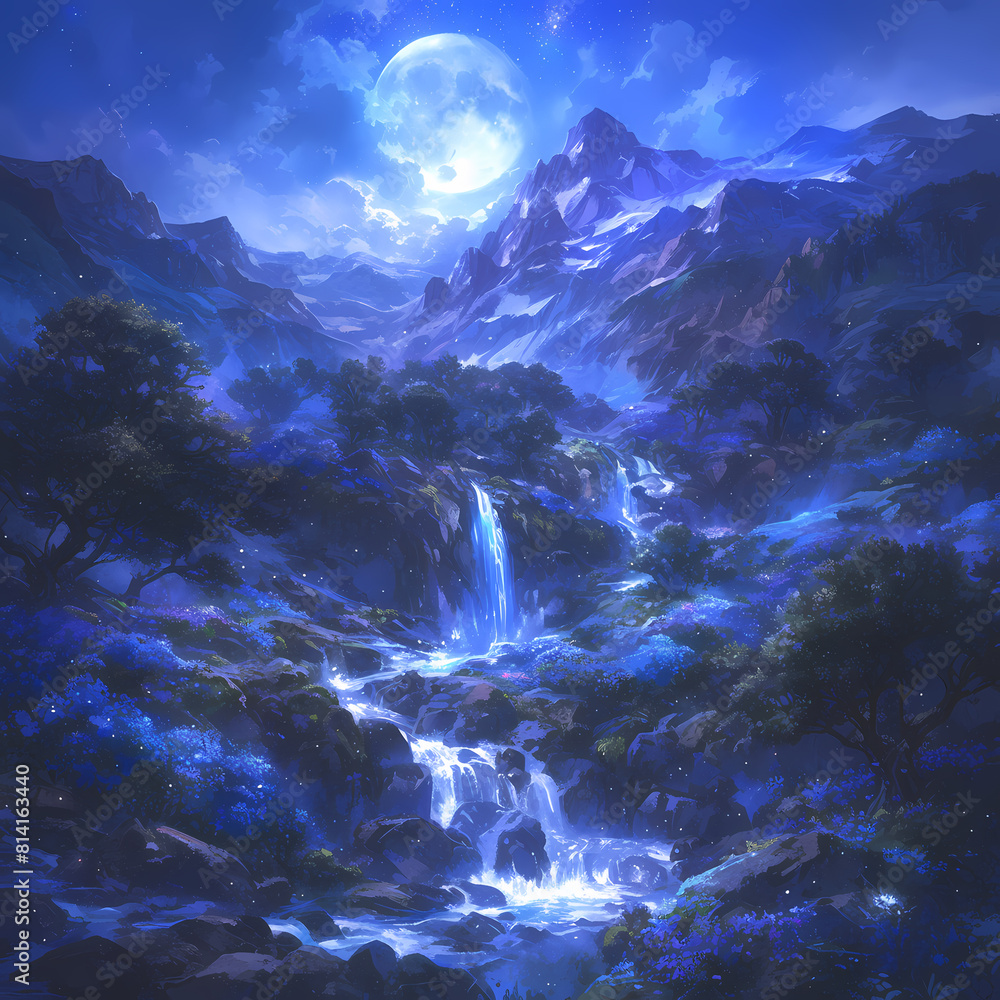 A captivating nighttime forest scene with a full moon and cascading waterfalls under the starlit sky.