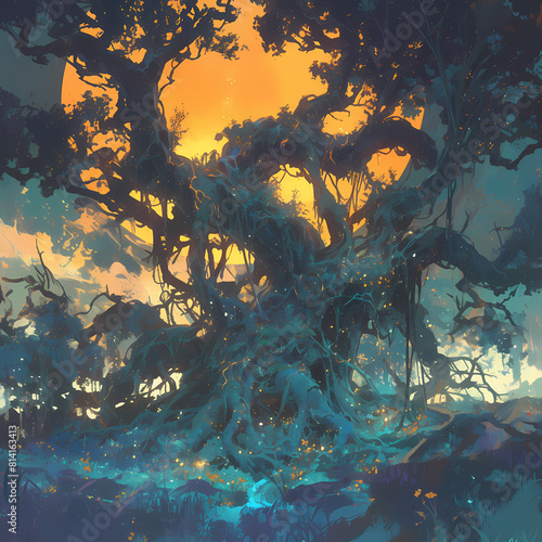 Experience the allure of an ancient forest at dusk with this mystical and captivating image. The enchanting scene is bathed in a mesmerizing blend of blue and orange hues, creating a sense of