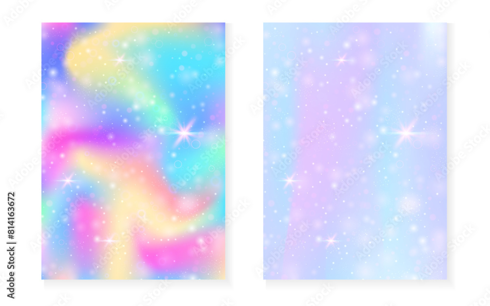 Unicorn background with kawaii magic gradient. Princess rainbow hologram. Holographic fairy set. Bright fantasy cover. Unicorn background with sparkles and stars for cute girl party invitation. Unicorn background with kawaii magic gradient. Princess rainbow hologram. Holographic fairy set. Bright fantasy cover. Unicorn background with sparkles and stars for cute girl party invitation.