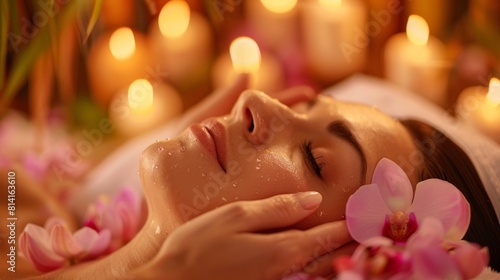 Woman enjoying a facial massage in a exotic Thai spa. Female receiving a skincare treatment. Concept of relaxation  luxury spa treatments  and wellness.
