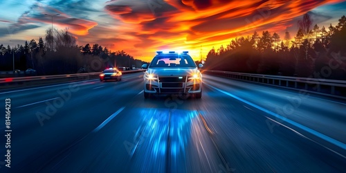 Traffic police car stops vehicles on the highway for inspection. Concept Highway Inspection, Traffic Stop, Police Vehicle, Safety Check, Law Enforcement