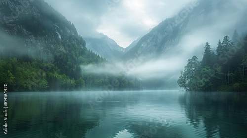 Misty morning at a mountain lake, shrouded in mystery