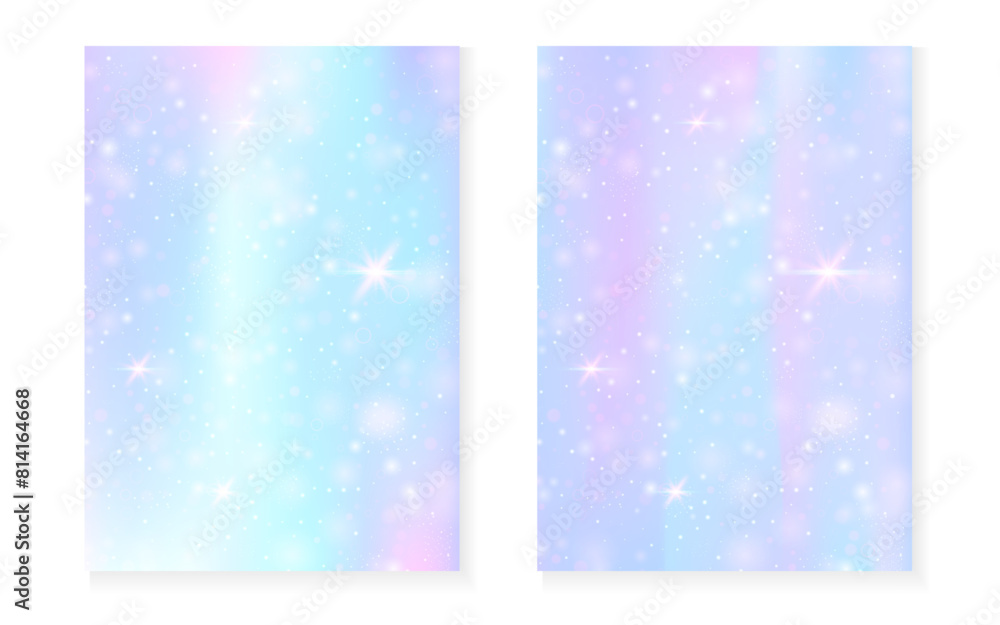 Magic background with princess rainbow gradient. Kawaii unicorn hologram. Holographic fairy set. Spectrum fantasy cover. Magic background with sparkles and stars for cute girl party invitation.