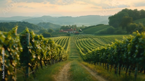 Horizontal shot of central european vineyard  long lines