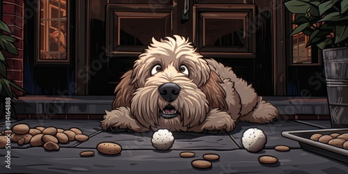 Adorable Fluffy Dog Looks Guilty Surrounded by Fallen Walnuts and Eggs on a Nighttime Porch photo