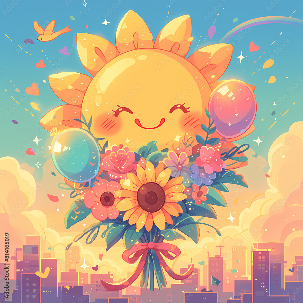 A cheerful sunflower illustration with a smiling sun character holding balloons and flowers against a vibrant backdrop. Perfect for positive imagery.