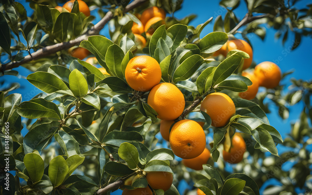 Orange tree branch with ripe oranges, blue sky background, vibrant and fresh