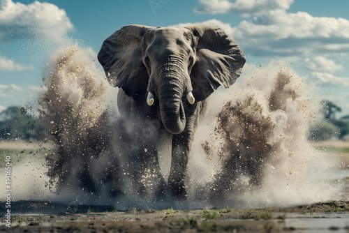 An elephant in full roar  charging forward with a fierce expression. Captured in a dynamic colours. Splashes and splatters around the elephant suggest its swift movement and wild energy