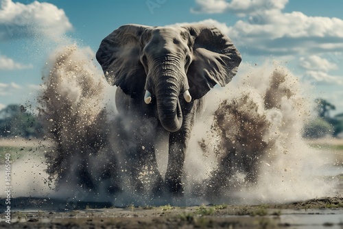 An elephant in full roar, charging forward with a fierce expression. Captured in a dynamic colours. Splashes and splatters around the elephant suggest its swift movement and wild energy photo