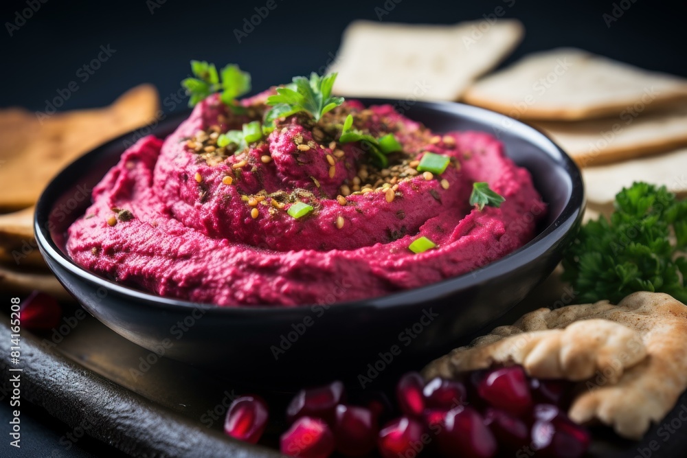 Homemade beetroot hummus garnished with parsley, served with crispy pita chips Homemade beetroot hummus garnished with parsley, served with crispy pita chips