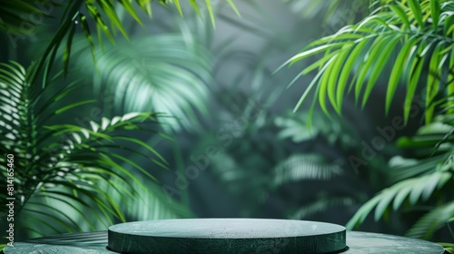 The lush green foliage of the jungle surrounds a simple wooden platform, creating a tranquil oasis perfect for displaying your product.