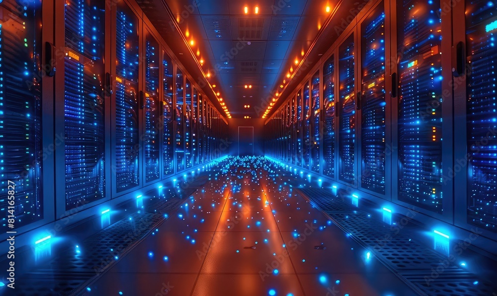 Hightech server room, racks of blinking network equipment, blue LED lights, core of internet technology Hightech server room, racks of blinking network equipment, blue LED lights, core of internet technology