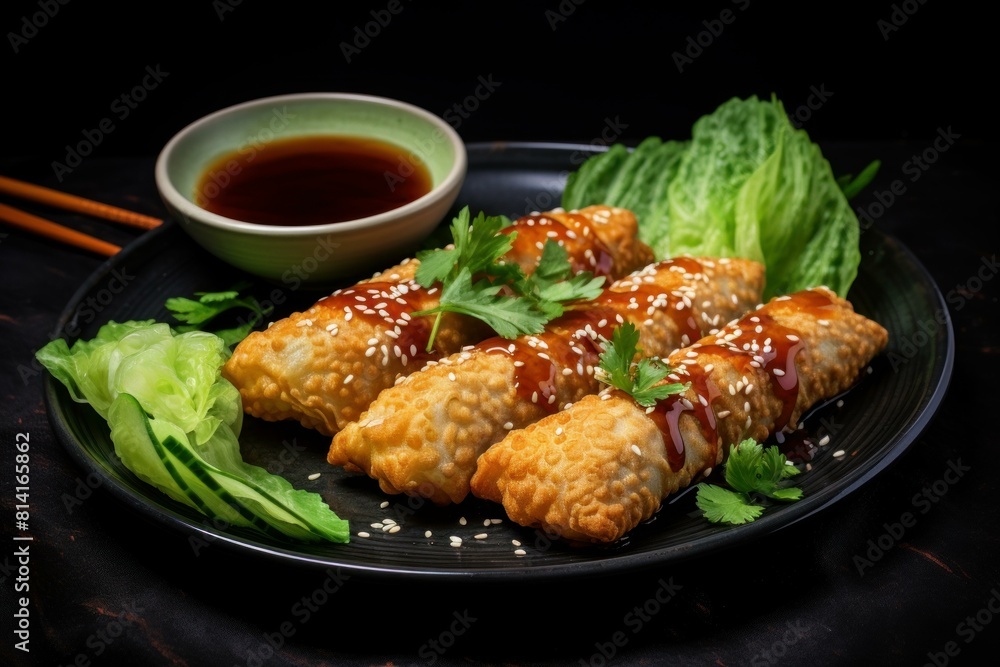 Tempting plate of crispy fried dumplings garnished with sesame seeds, served with soy sauce and fresh greens Tempting plate of crispy fried dumplings garnished with sesame seeds, served with soy sauce and fresh greens