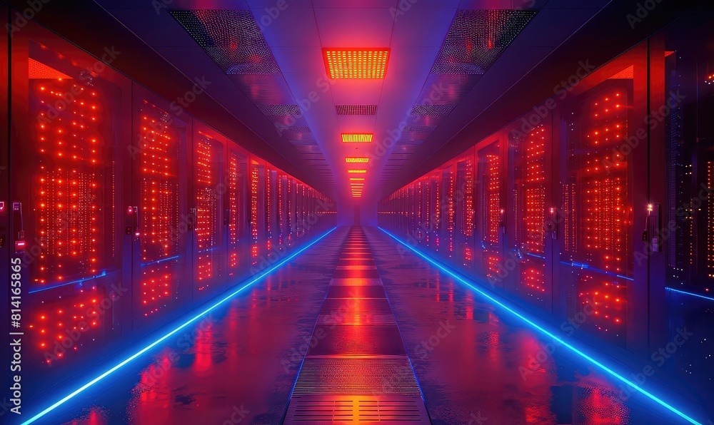 Hightech server room, racks of blinking network equipment, blue LED lights, core of internet technology Hightech server room, racks of blinking network equipment, blue LED lights, core of internet technology