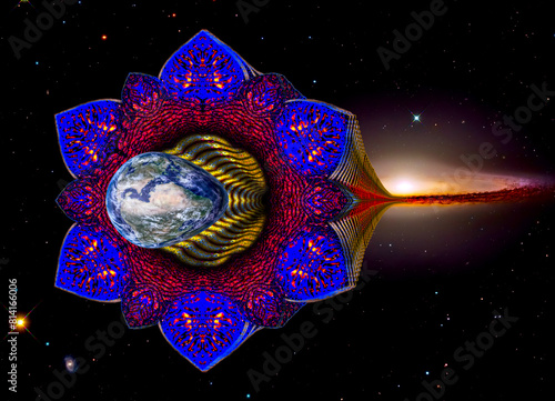 Sci-Fi depiction of a monstrous celestial being about to swallow the Earth. Monster is digitally painted. The Image of the Earth and the galaxy in the background are from the NASA public domain.