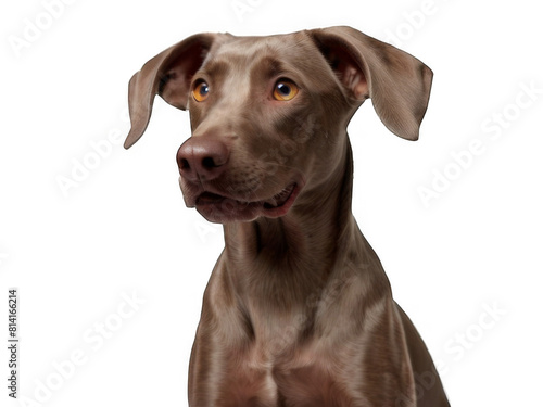 Cute playful dog or pet playing and looking happy isolated on transparent background. A small brown weimaraner posing. Cute and happy dog       head on transparent png