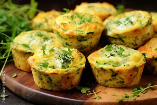 Delicious homemade spinach quiche muffins on a wooden board, garnished with herbs