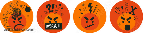 Swearing emoji collection. Red angry face icon set. Swear words. Harsh mood stickers. Negative thinking. Effects and censored symbols substituting rude. Vector illustration
