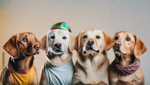 Creative animal concept. Group of Labrador Retriever dog puppy in funky Wacky wild mismatch photo