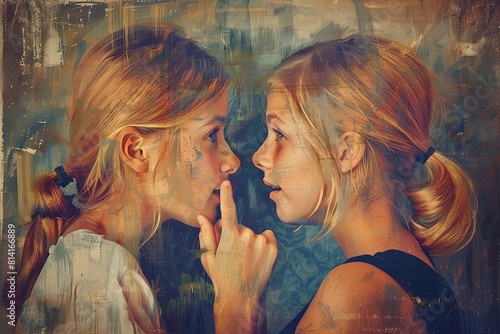 A painting depicting two girls engaged in conversation, one appearing to share a secret with the other. Generative AI photo