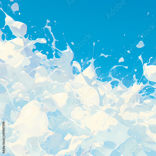 A dynamic and visually captivating stock image featuring a burst of white whipped cream against the backdrop of a serene blue sky. This vivid scene evokes feelings of indulgence and enjoyment 