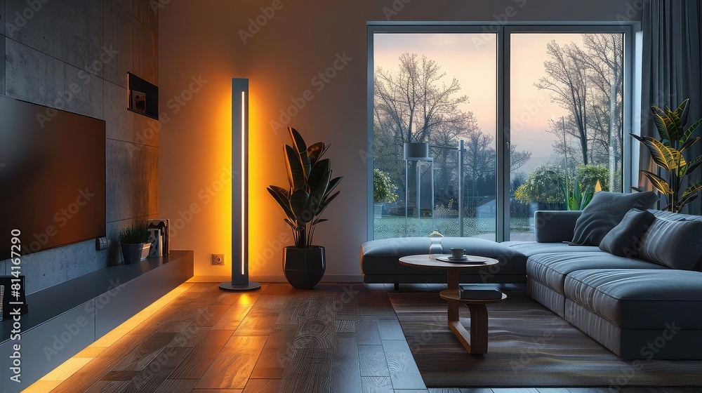 Modern LED floor lamp, sleek silver design, minimalist living room setting, bright and functional Modern LED floor lamp, sleek silver design, minimalist living room setting, bright and functional