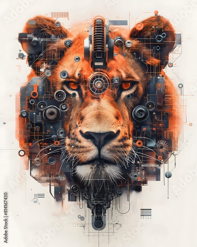 Graphic flat Design of a Mechanical Lion highly detailed looking at the camera, lots of parts with wires and gears and pulleys photo