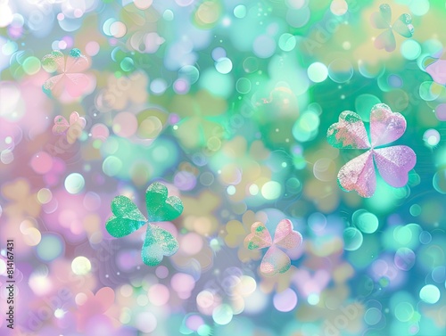 Soft pastel Saint Patrick's Day clover sweet candy background with a bokeh effect. A whimsical and delightful celebration of the holiday! 