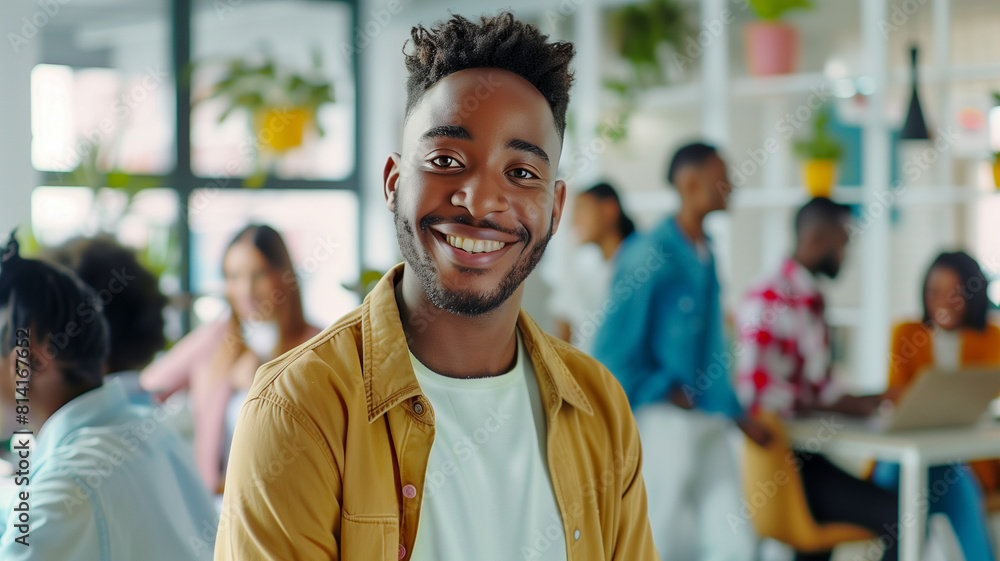 A confident, smiling multi-ethnic man stands in an office, facing the camera, with a diverse team working in the background. Reflects youthfulness and professionalism in a diverse business environment A confident, smiling multi-ethnic man stands in an office, facing the camera, with a diverse team working in the background. Reflects youthfulness and professionalism in a diverse business environment