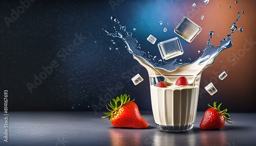 Creative food template. Ice cubes splashing dropping onto glass of milk milkshake yoghurt photo