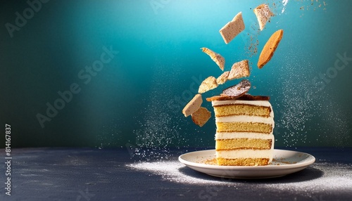 Creative food template. Slice of vanilla sponge cake with flying pieces and biscuit crumb photo