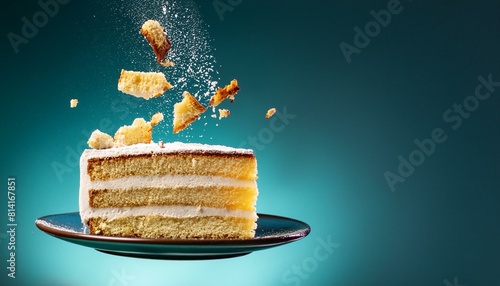 Creative food template. Slice of vanilla sponge cake with flying pieces and biscuit crumb photo