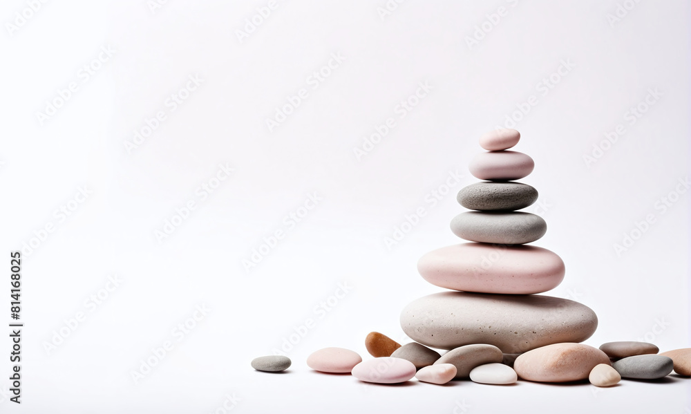 Sculptural Harmony: A tower of balanced rocks embodying natural equilibrium and tranquility. Light white background Sculptural Harmony: A tower of balanced rocks embodying natural equilibrium and tranquility. Light white background