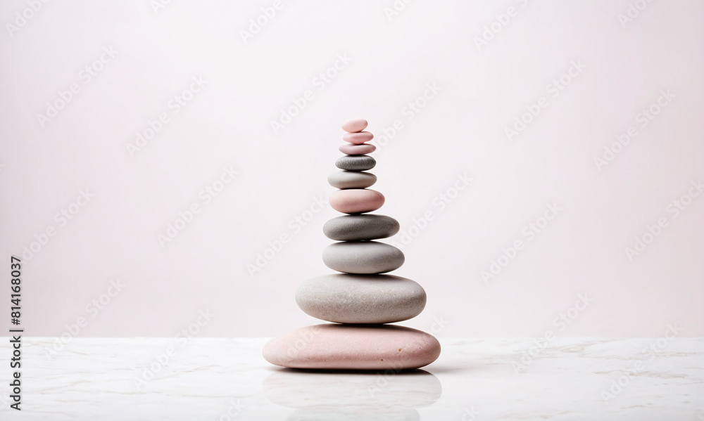 Obraz premium Sculptural Harmony: A tower of balanced rocks embodying natural equilibrium and tranquility. Light white background
