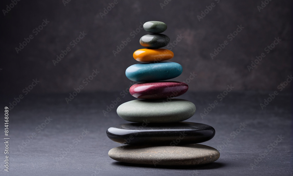 Sculptural Harmony: A tower of balanced rocks embodying natural equilibrium and tranquility. Dark black background Sculptural Harmony: A tower of balanced rocks embodying natural equilibrium and tranquility. Dark black background