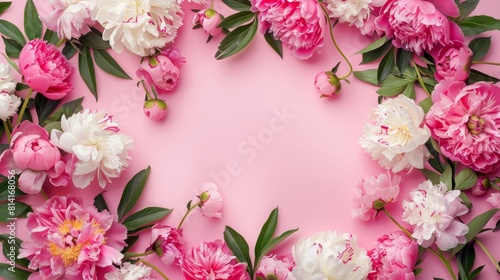 Elegant Pink Peonies Frame on a Soft Pink Background 