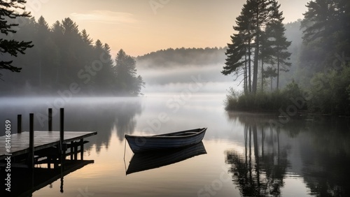 Morning Tranquility  Misty LakeSolitary Boat Drifting Peacefully