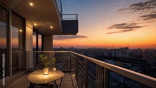 A peaceful evening view ofcity balconysolar panels and urban skyline