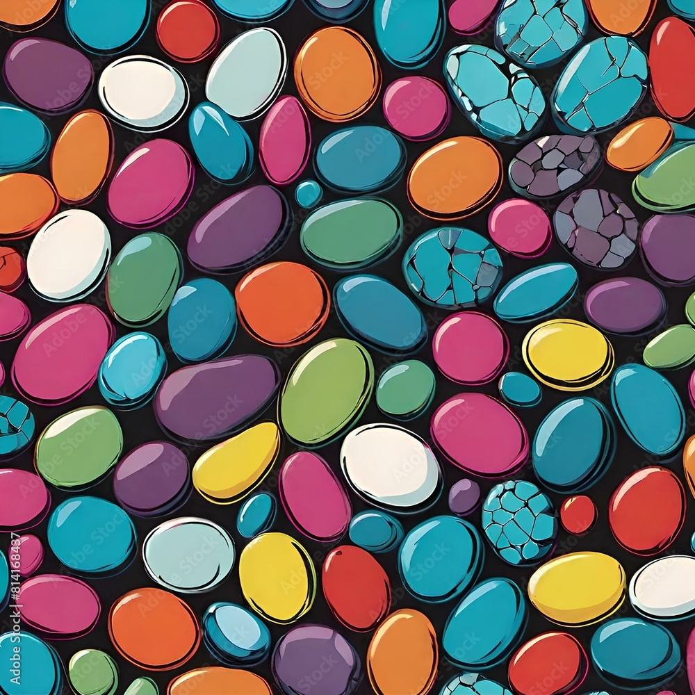 A seamless pattern of colorful pebbles, each with its own unique texture and color, creating an eyecatching display on the surface. A seamless pattern of colorful pebbles, each with its own unique texture and color, creating an eyecatching display on the surface.