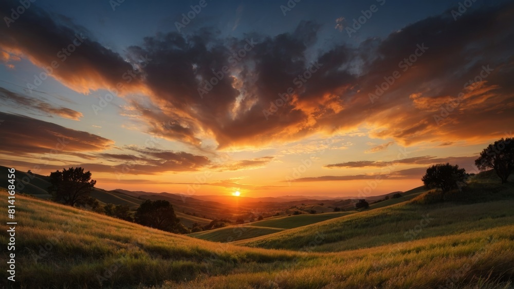 Vivid Sunset Over Rolling Hills Emphasizing Rich Colors in Nature.