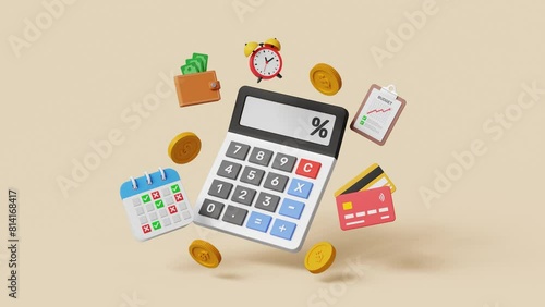 Budget planning. Personal finance to allocate expense or payment, income and saving, accounting concept. 3D calculator with budget planning items. 4k 3d animation
