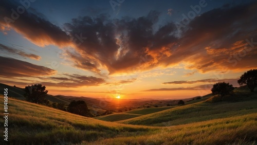 Vivid Sunset Over Rolling Hills Emphasizing Rich Colors in Nature.