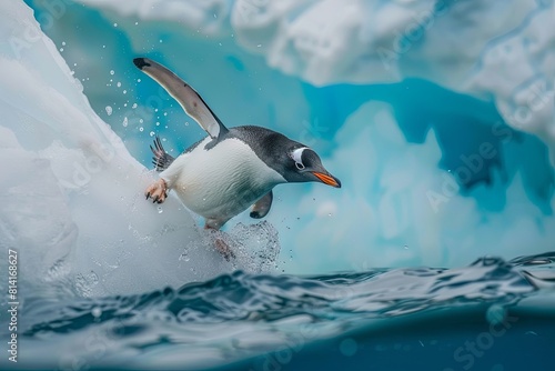 Penguin jumps into the water next to an iceberg in a frigid environment