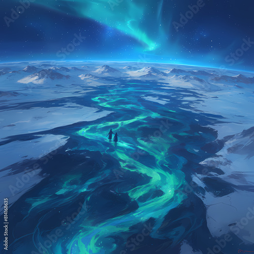 Stunning Aerial Perspective of the Northern Lights Illuminating a Wintry Mountainous Terrain