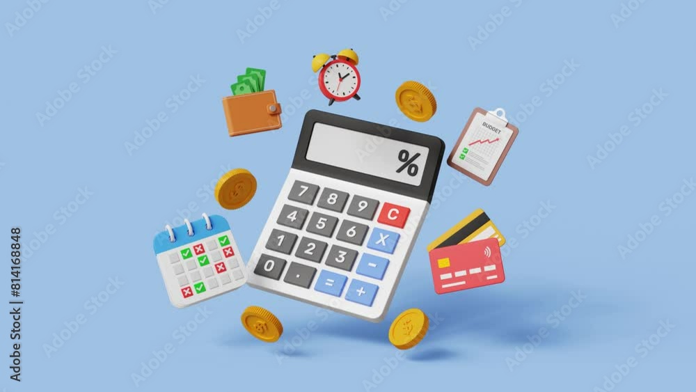 Budget, tax, expense and cost calculation. Investment advisor or financial planning concept. 3D calculator with budget planning items. 4k 3d animation Budget, tax, expense and cost calculation. Investment advisor or financial planning concept. 3D calculator with budget planning items. 4k 3d animation