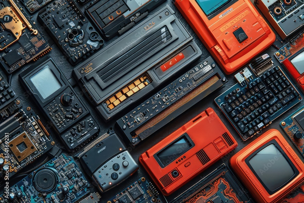 Tech repair workshop with various gadgets disassembled, circuit boards visible, troubleshooting, skillful Tech repair workshop with various gadgets disassembled, circuit boards visible, troubleshooting, skillful