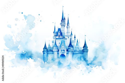 Watercolor Blue Magic Castle Isolated on White